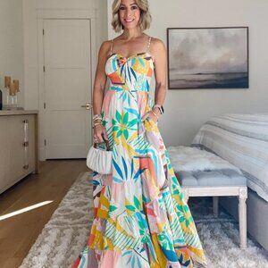 Stile Collection Soleil Cotton Lined Boho Beachy Maxi Dress Sz M Vibrant Floral